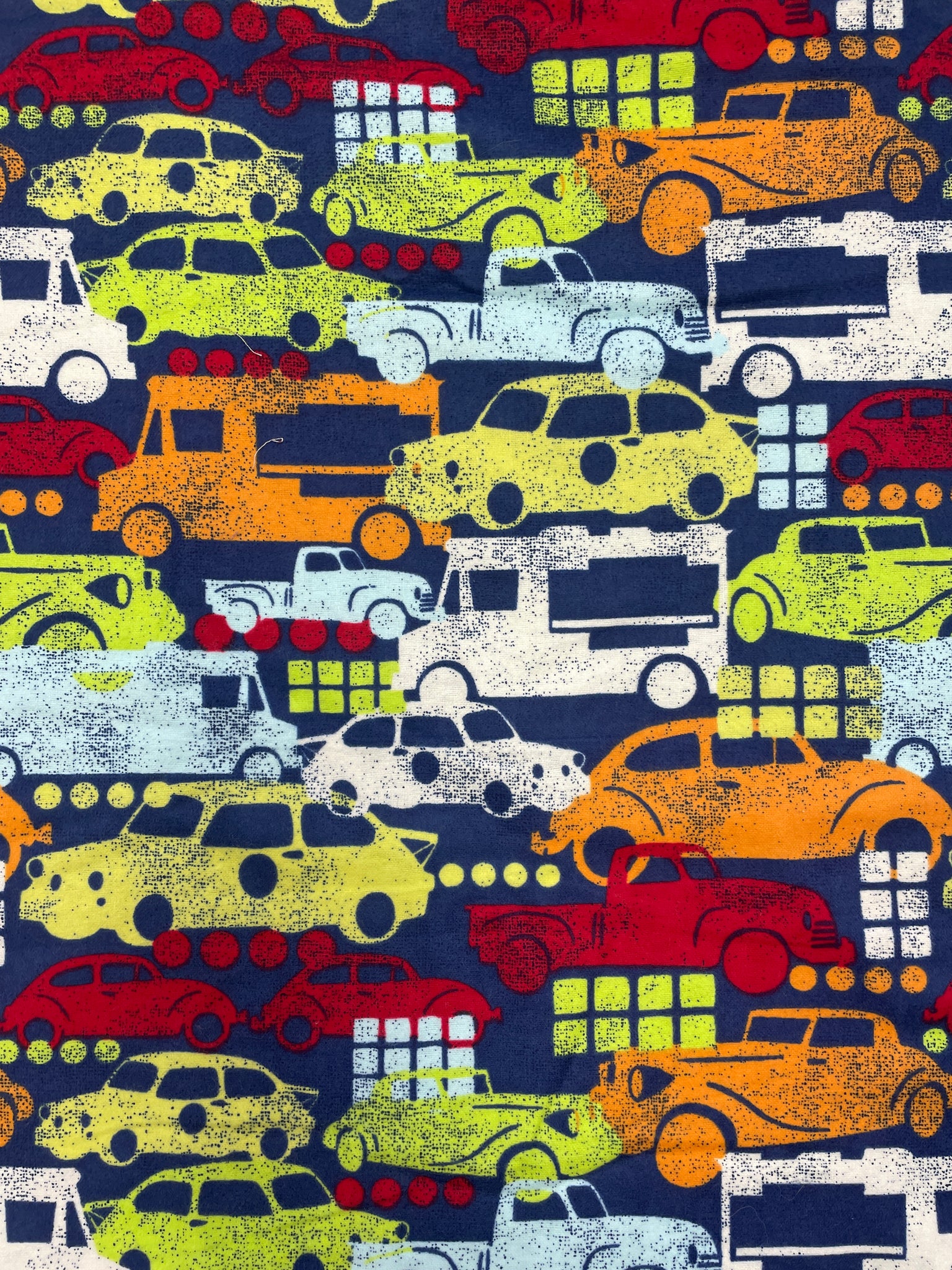 3 YD Cotton Flannel - Navy Blue with Bright Cars and Trucks