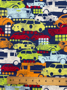 3 YD Cotton Flannel - Navy Blue with Bright Cars and Trucks