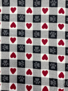 3 1/2 YD Cotton Flannel - Printed Black and White Gingham with Paw Prints and Hearts