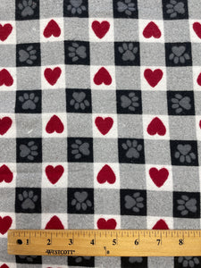 3 1/2 YD Cotton Flannel - Printed Black and White Gingham with Paw Prints and Hearts