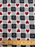 3 1/2 YD Cotton Flannel - Printed Black and White Gingham with Paw Prints and Hearts