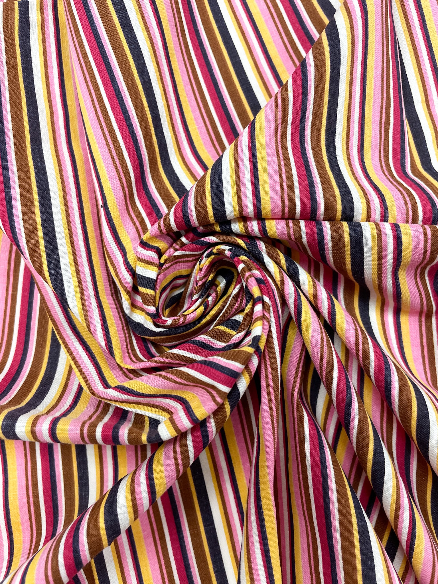 Cotton Printed Stripes Remnant Vintage Salvaged - Pink, Brown, Yellow, White  and Black