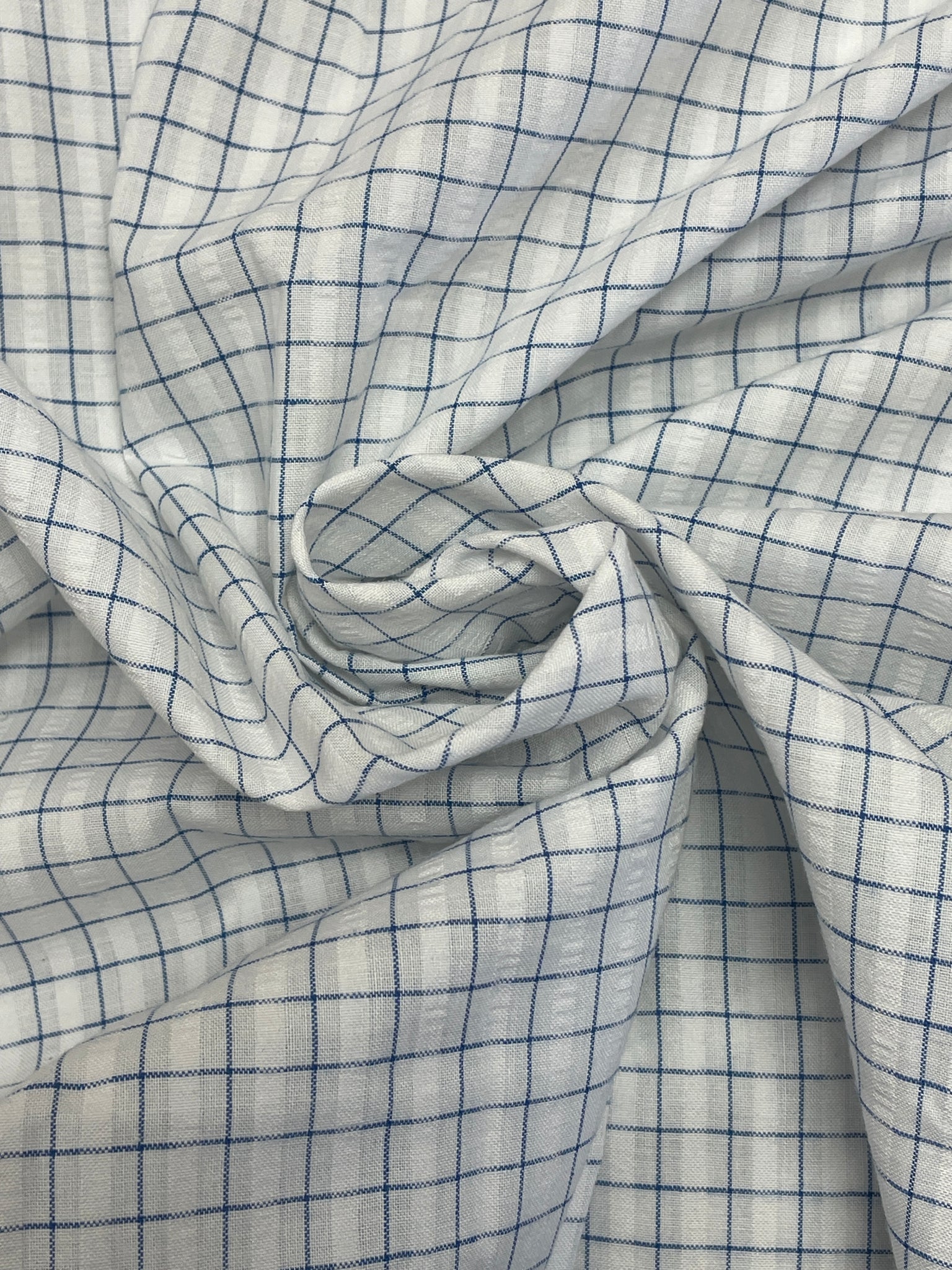 1 YD Cotton Blend Plaid with Seersucker Stripes - Blue and White