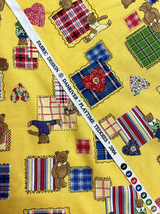 2004 1 1/8 YD Quilting Cotton - Bright Yellow with Teddy Bears, Plaid Squares and Calico Heats