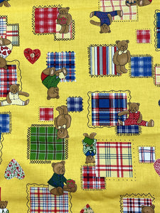 2004 1 1/8 YD Quilting Cotton - Bright Yellow with Teddy Bears, Plaid Squares and Calico Heats