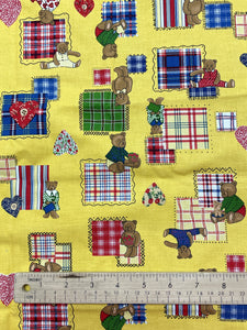 2004 1 1/8 YD Quilting Cotton - Bright Yellow with Teddy Bears, Plaid Squares and Calico Heats