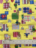 2004 1 1/8 YD Quilting Cotton - Bright Yellow with Teddy Bears, Plaid Squares and Calico Heats