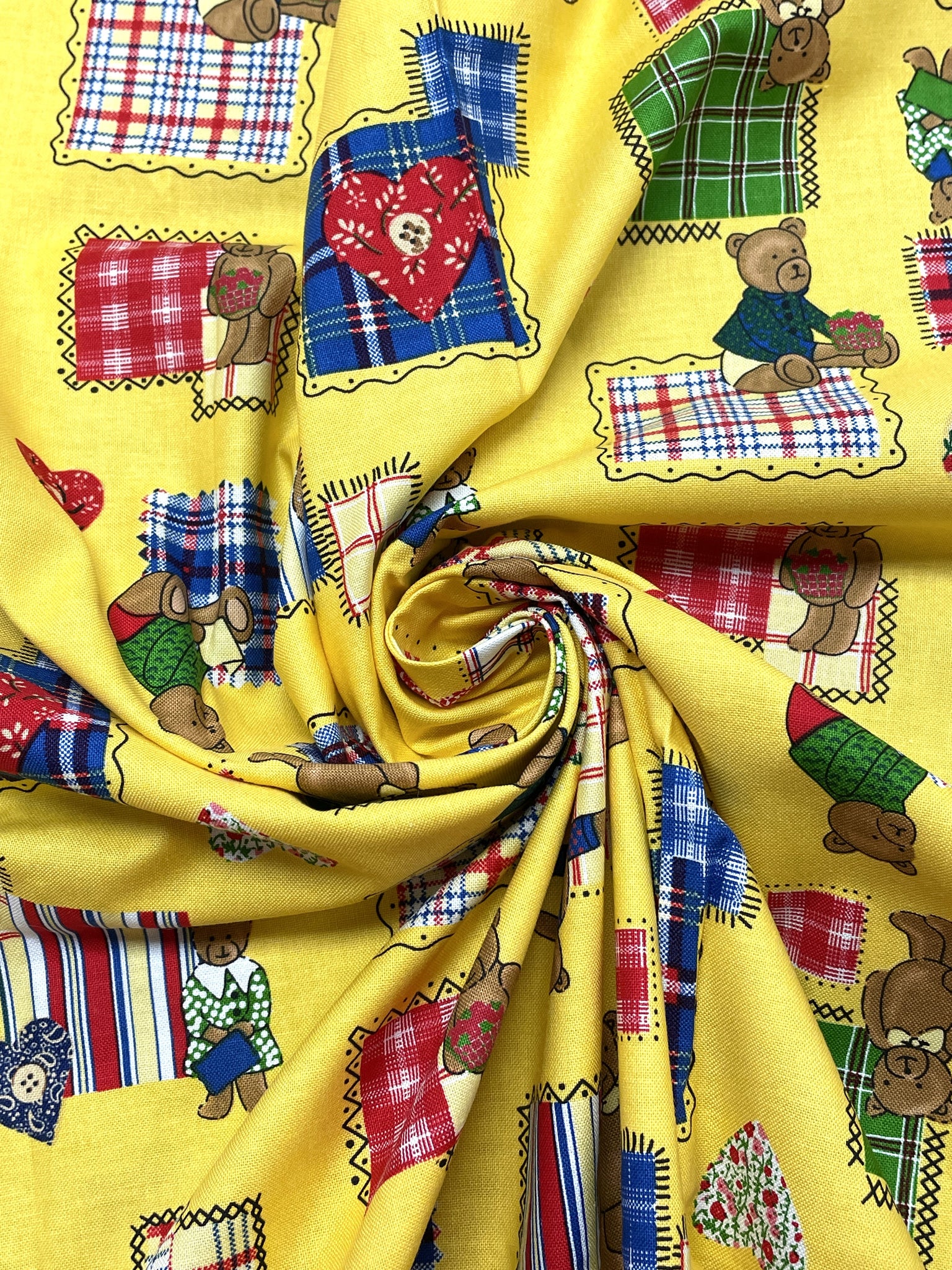 2004 1 1/8 YD Quilting Cotton - Bright Yellow with Teddy Bears, Plaid Squares and Calico Heats