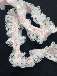 Polyester Lace Trim-by-the-Yard Vintage - White Lace with Pink Satin Ribbon