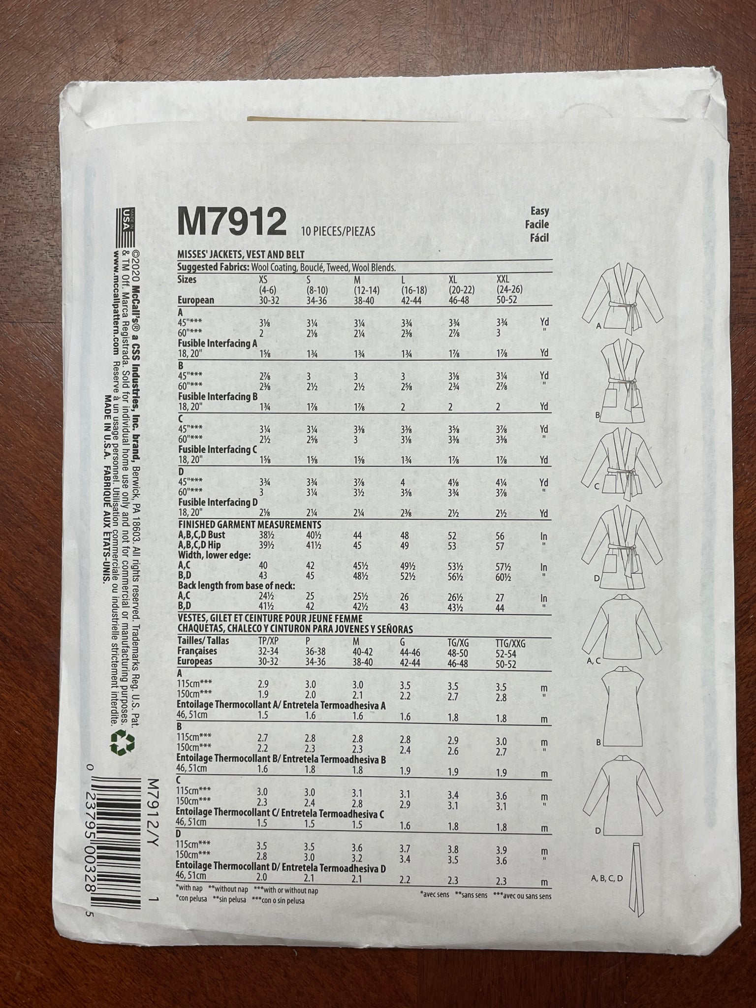 2020 McCall's 7912 Pattern - Jacket, Vest and Belt FACTORY FOLDED