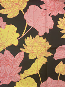 1 YD Cotton Stretch Sateen - Black with Large Yellow and Salmon Pink Flowers