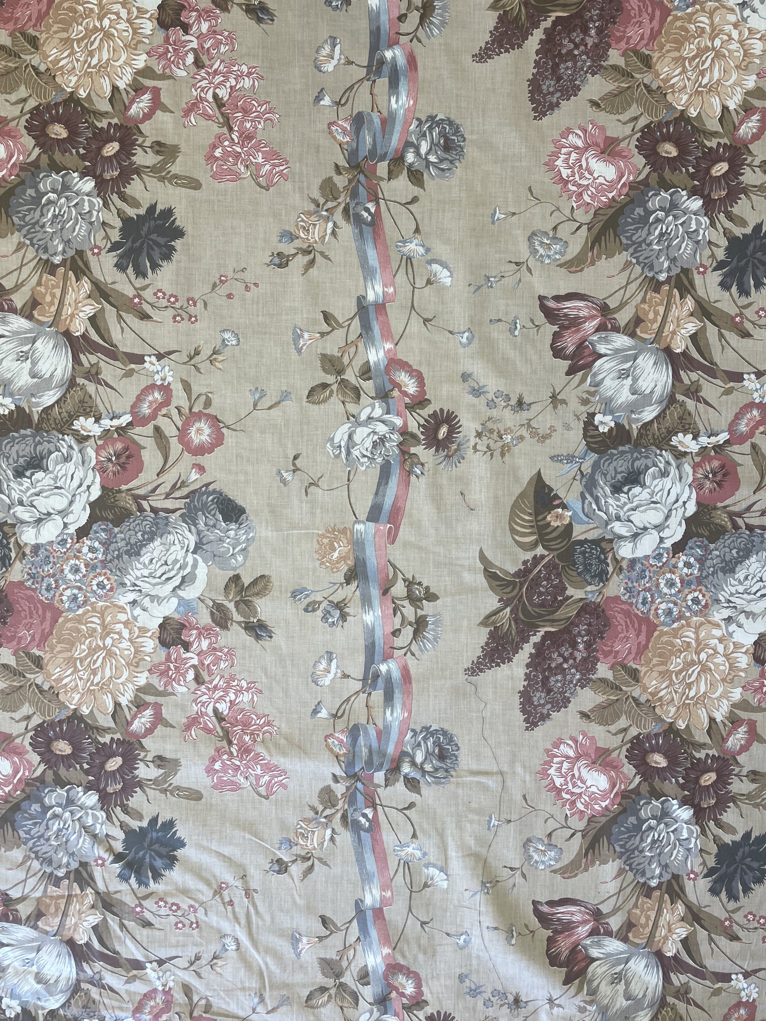 Cotton Blend - Beige with Flowers and Ribbon