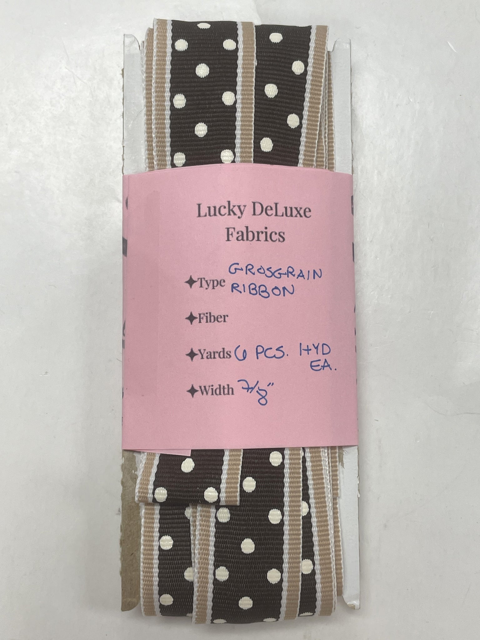 6+ YD Polyester Grosgrain Ribbon Vintage - Brown with White Polka Dots and Tan Stripes