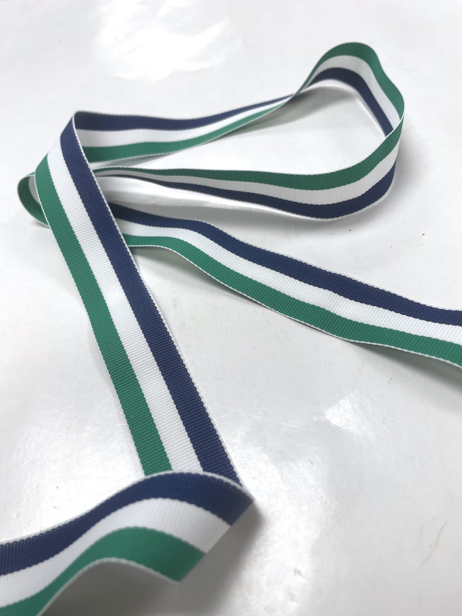 6+ YD Polyester Grosgrain Ribbon Vintage - Blue, White and Green Stripes