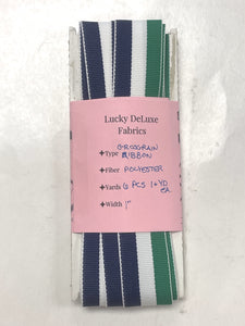 6+ YD Polyester Grosgrain Ribbon Vintage - Blue, White and Green Stripes