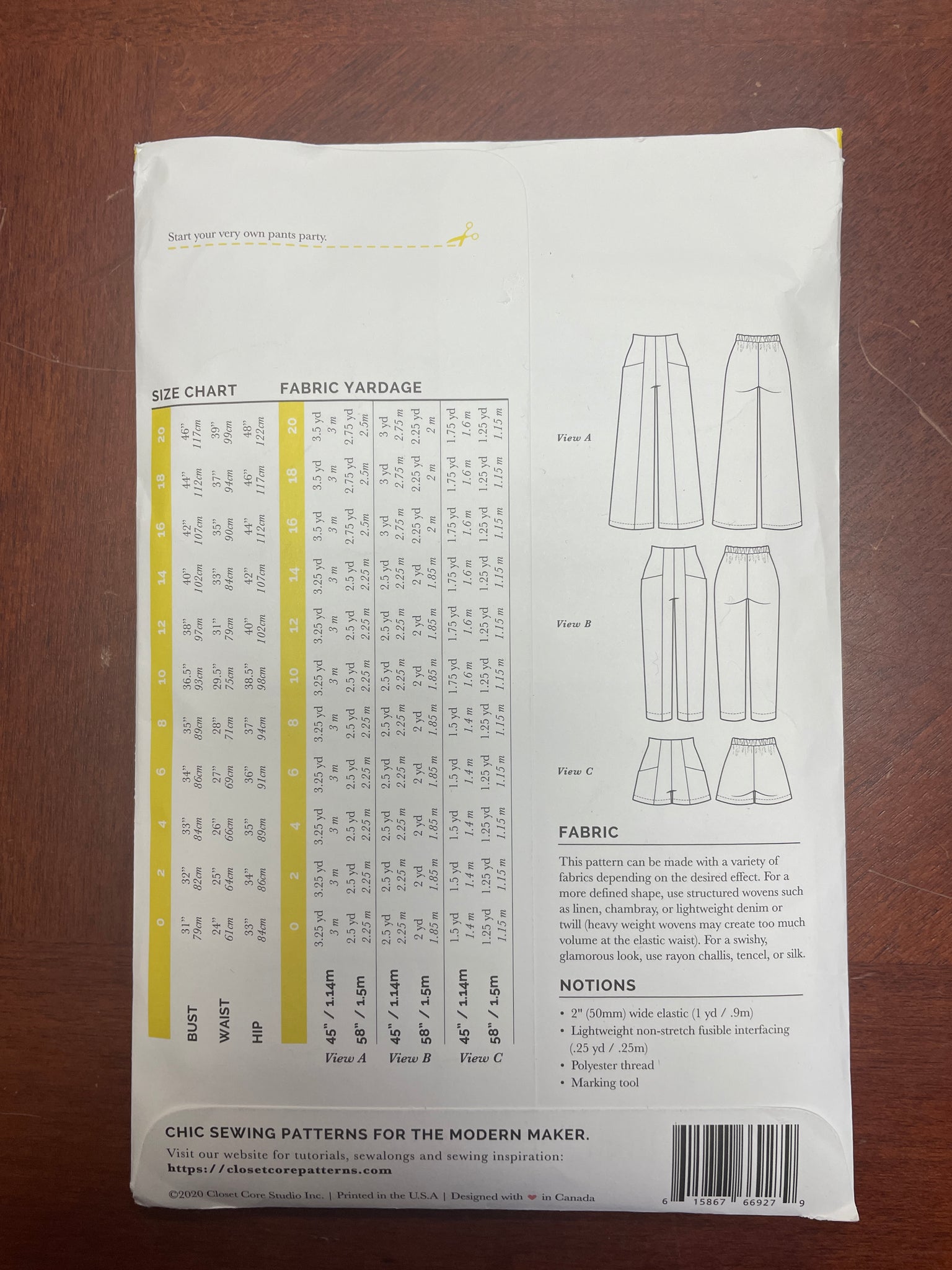 2020 Closet Core 19 Pattern: Pants and Shorts FACTORY FOLDED