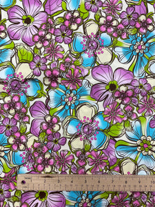 2 YD Cotton Stretch - Off White with Pink, Purple and Turquoise Flowers