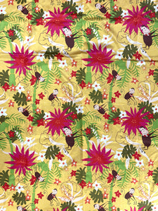 2 YD Polyester Flannel-Backed Satin - Golden Yellow with Palm Trees, Monkeys and Flowers