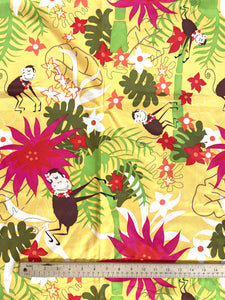 2 YD Polyester Flannel-Backed Satin - Golden Yellow with Palm Trees, Monkeys and Flowers