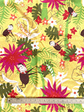 2 YD Polyester Flannel-Backed Satin - Golden Yellow with Palm Trees, Monkeys and Flowers