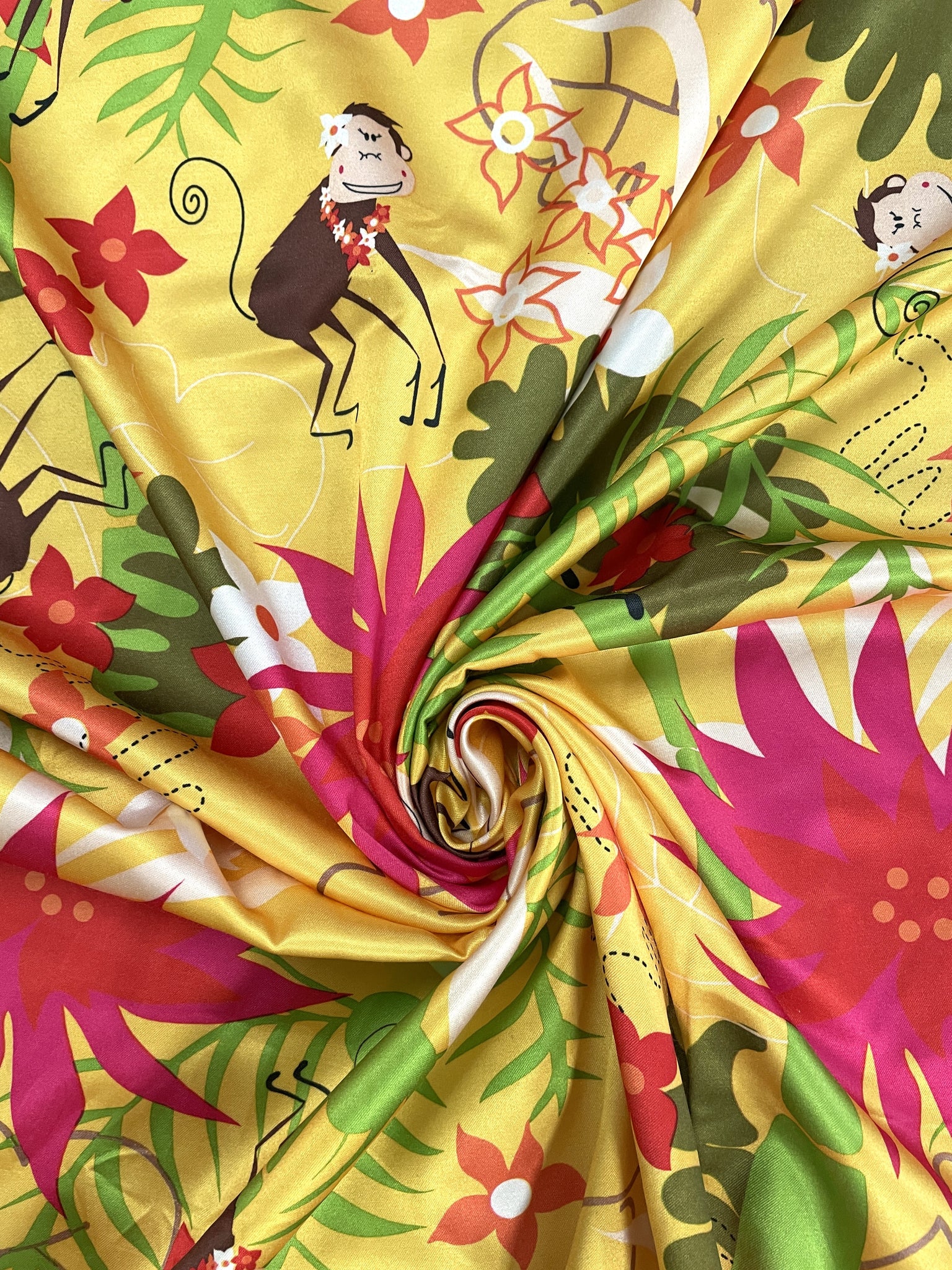 2 YD Polyester Flannel-Backed Satin - Golden Yellow with Palm Trees, Monkeys and Flowers