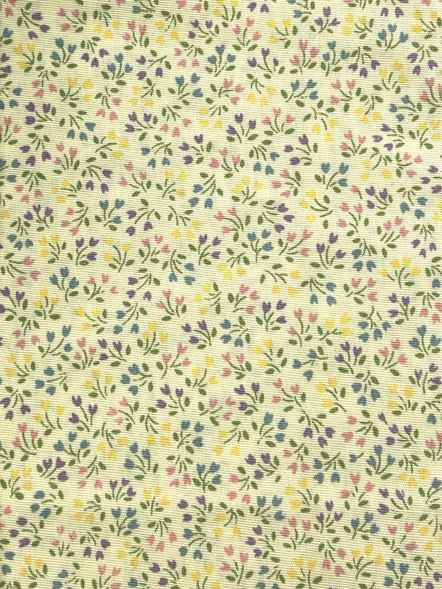 2 YD Poly/Cotton - Yellow with Small Pink, Yellow, Blue and Purple Tulips