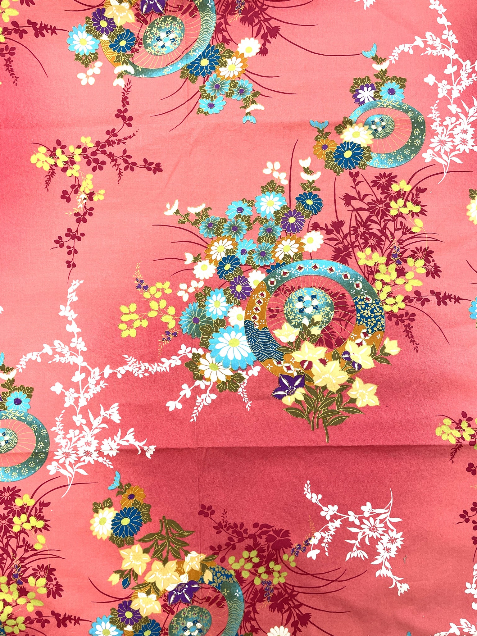 1 1/2 YD Cotton Stretch - Mottled Salmon Pink with Flowers and Subtle Metallic Gold Accents