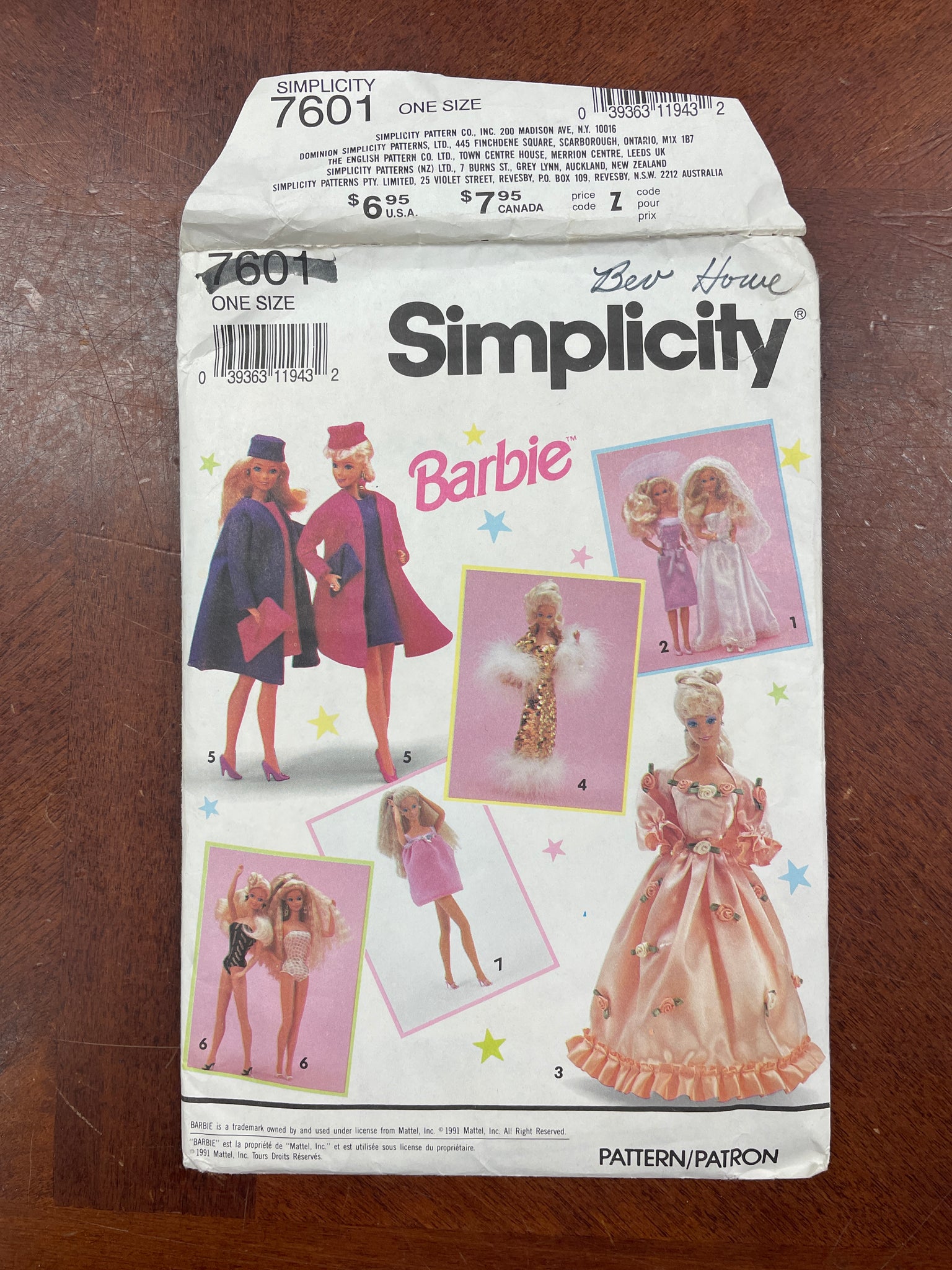 1991 Simplicity 7601 Sewing Pattern - Barbie Doll Clothes