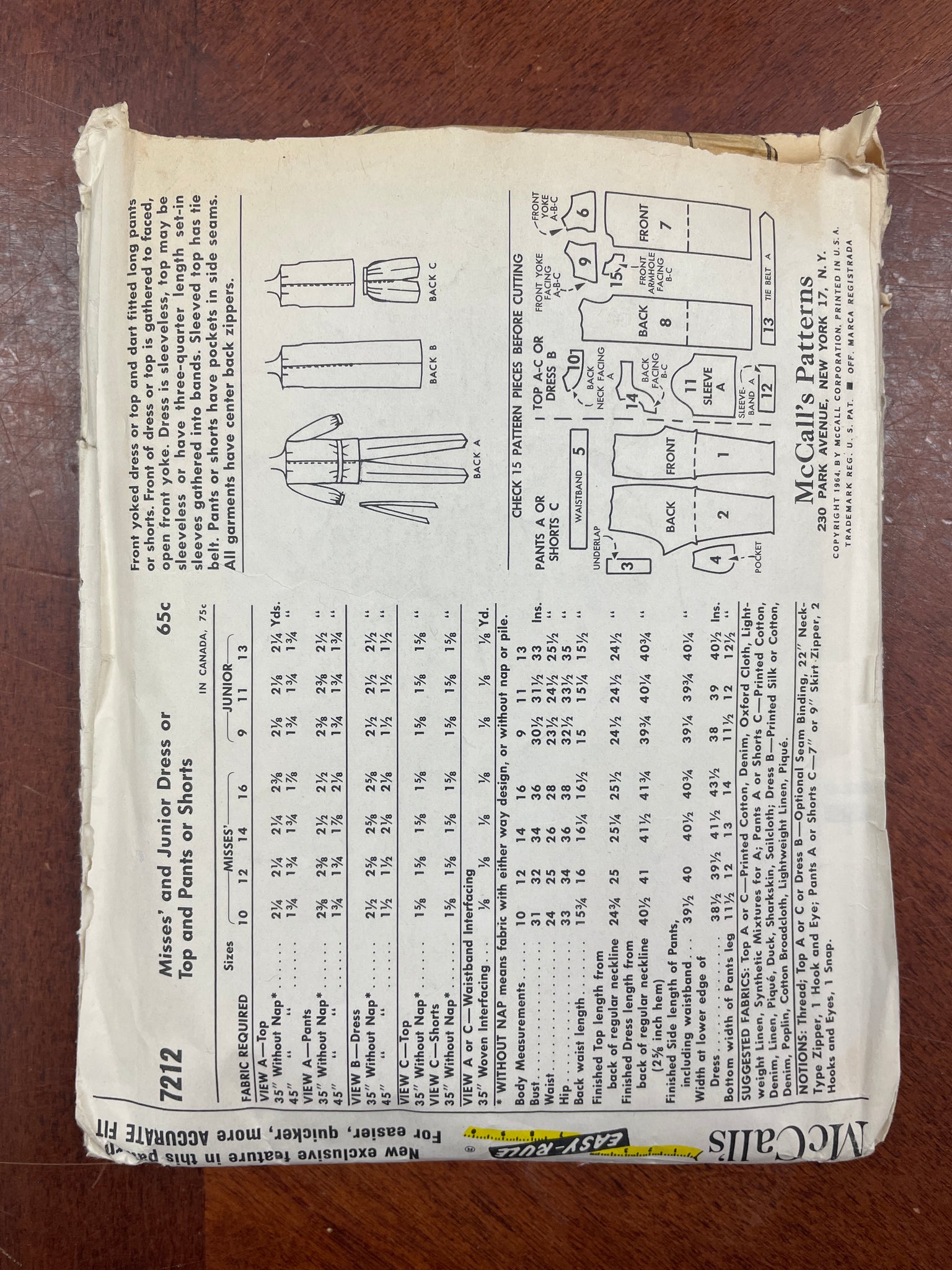 1964 McCall's 7212 Pattern - Dress, Top, Pants and Shorts