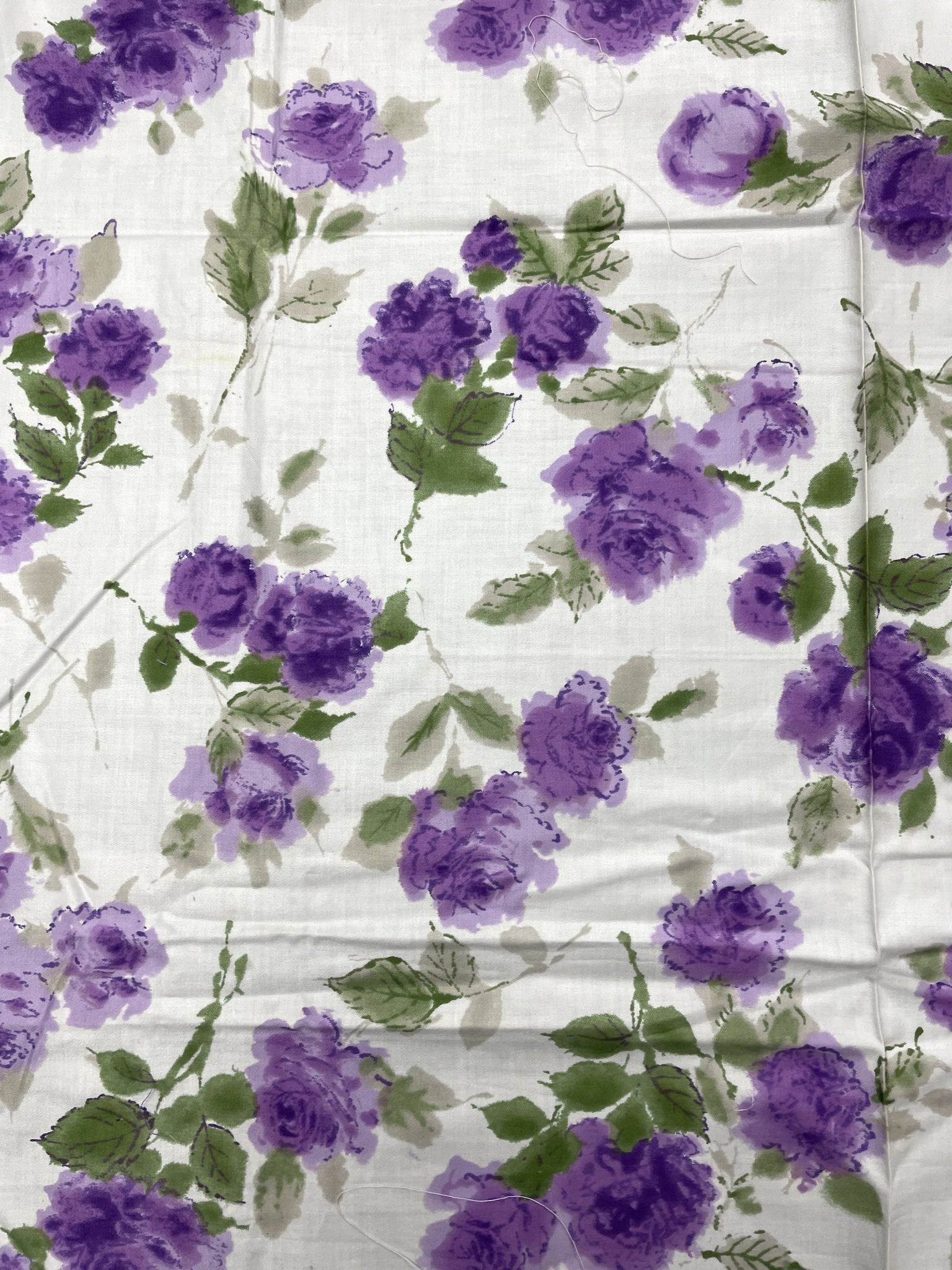 7/8 YD Poly/Cotton Sateen Remnant - Off White with Watercolor Style Purple Roses