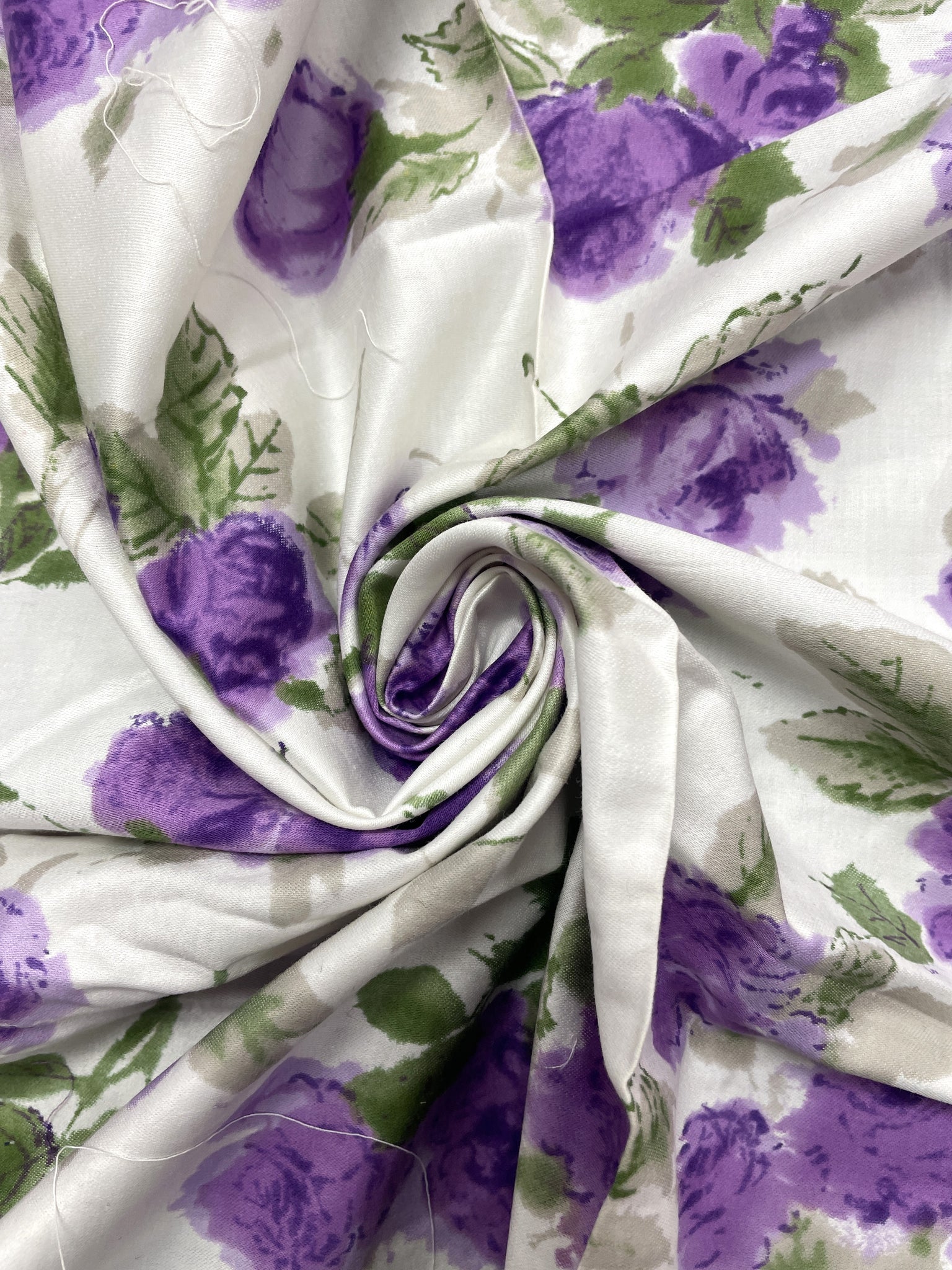 7/8 YD Poly/Cotton Sateen Remnant - Off White with Watercolor Style Purple Roses