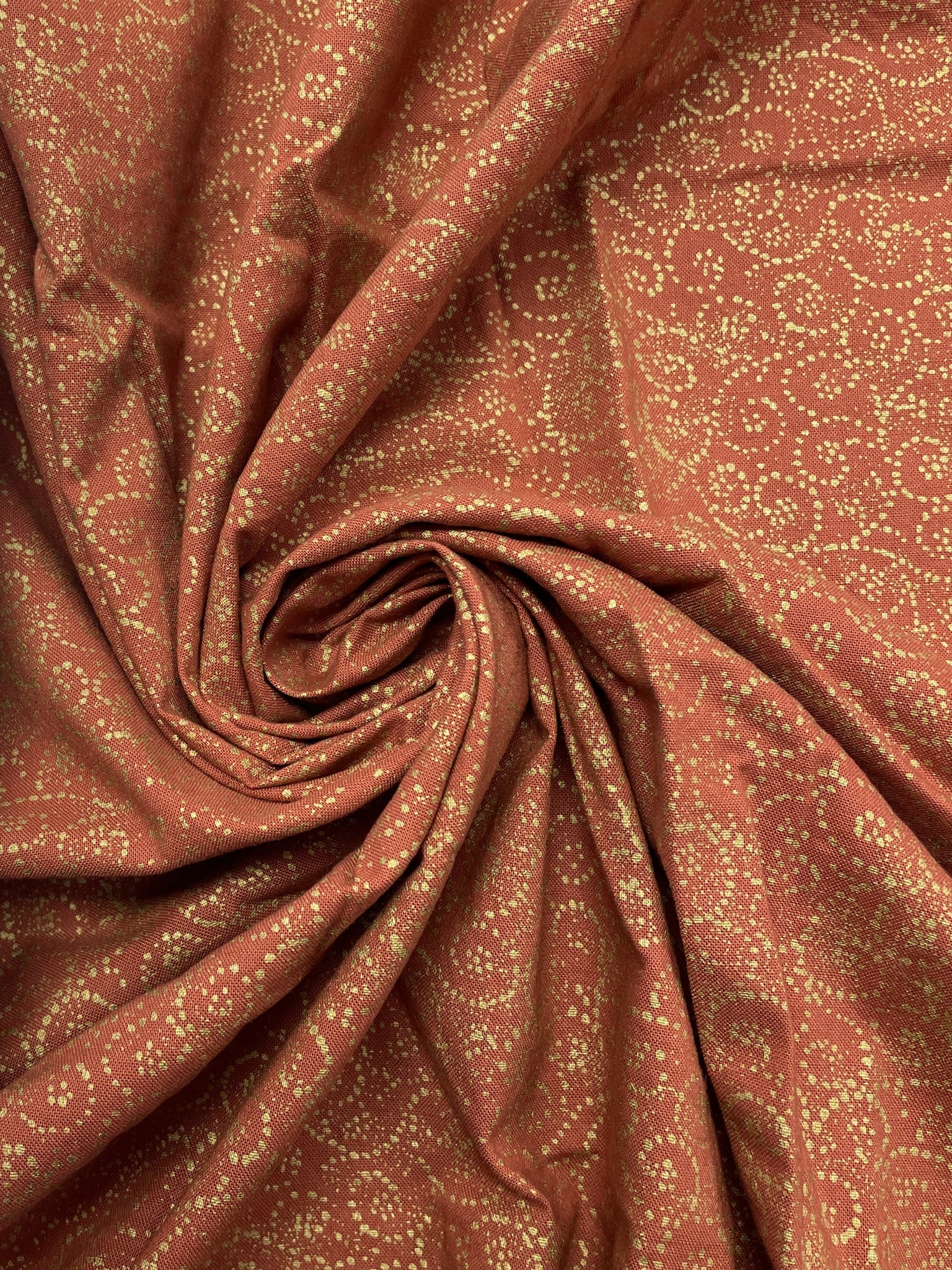 3 3/4 YD Cotton - Burnt Orange with Metallic Gold Dots in Swirls