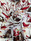 SALE 3/4 YD Cotton/Spandex Remnant - White with Whimsical Santas & Reindeer