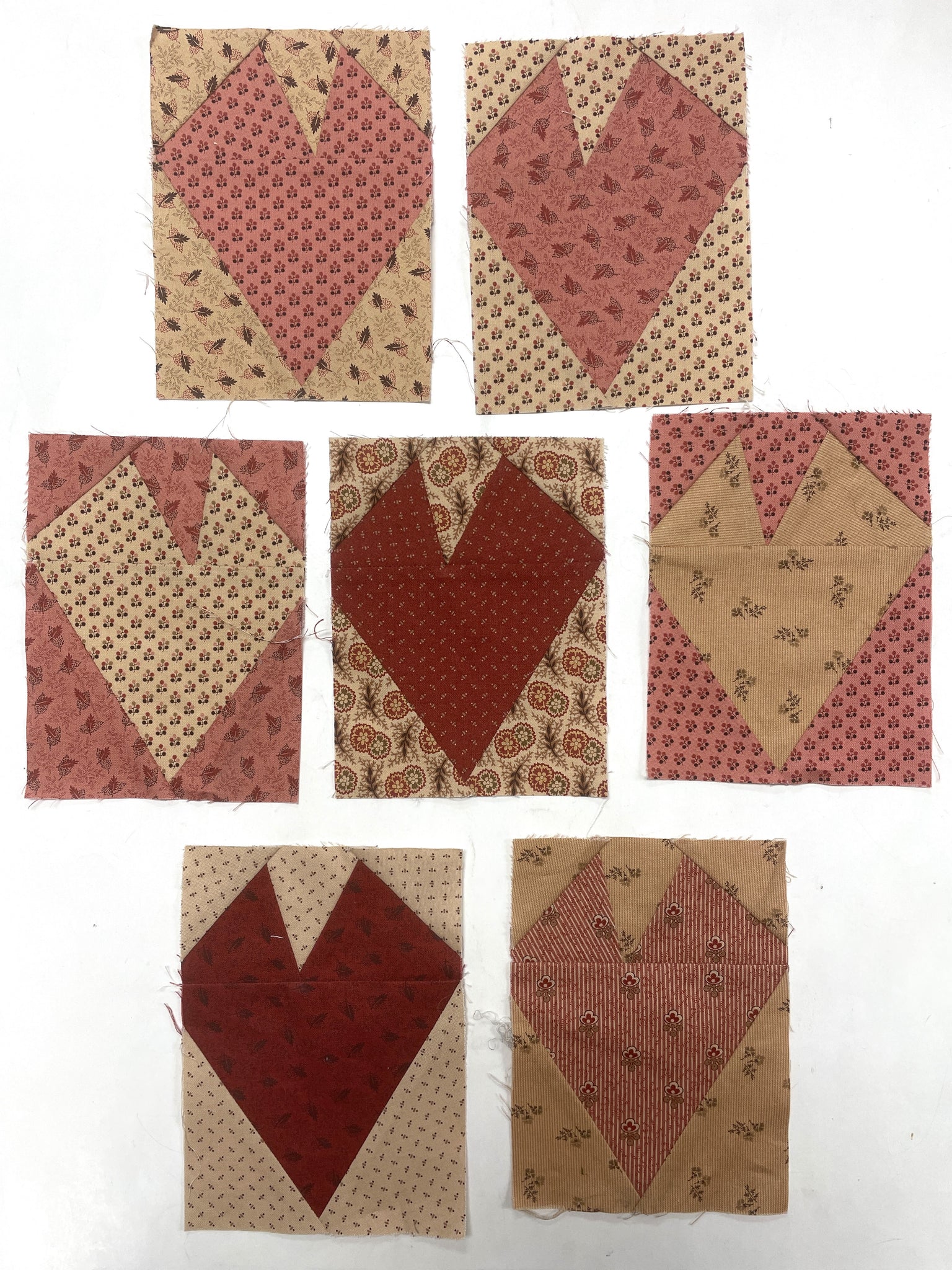 Orphan Quilt Blocks Set of 7 - Hearts