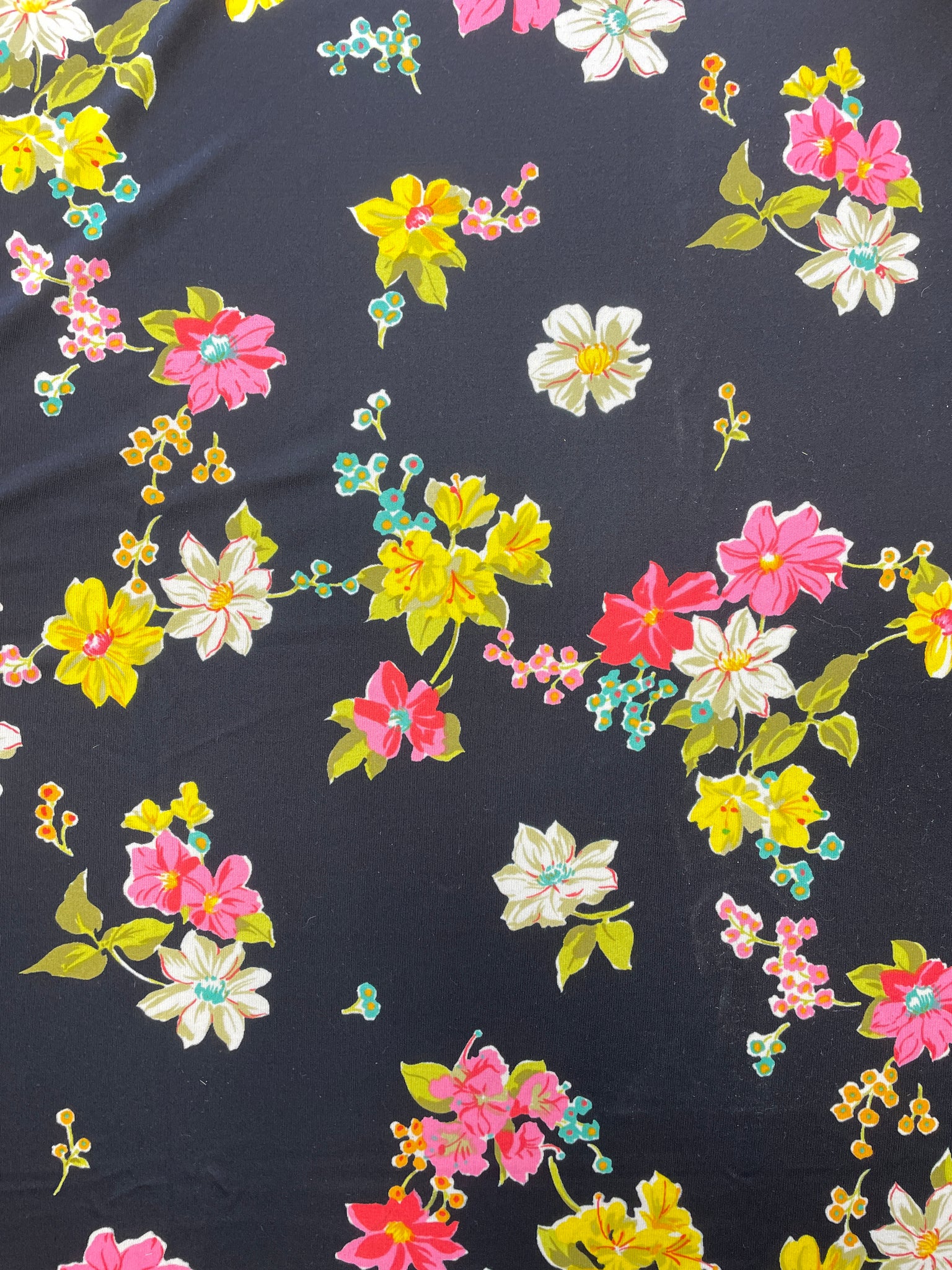 SALE 2 YD Polyester Knit - Black with Pink, Yellow and Aqua Flowers