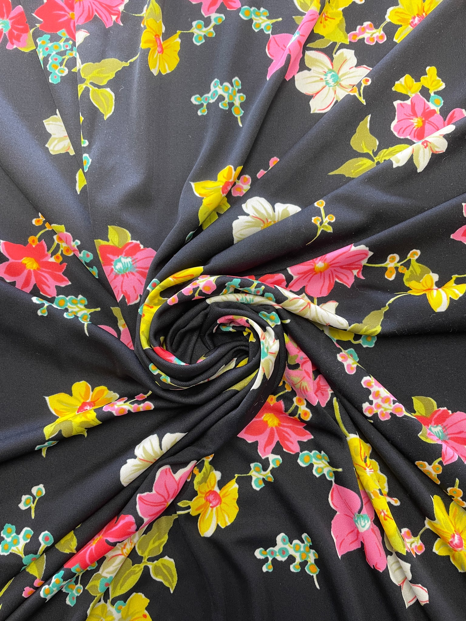 SALE 2 YD Polyester Knit - Black with Pink, Yellow and Aqua Flowers