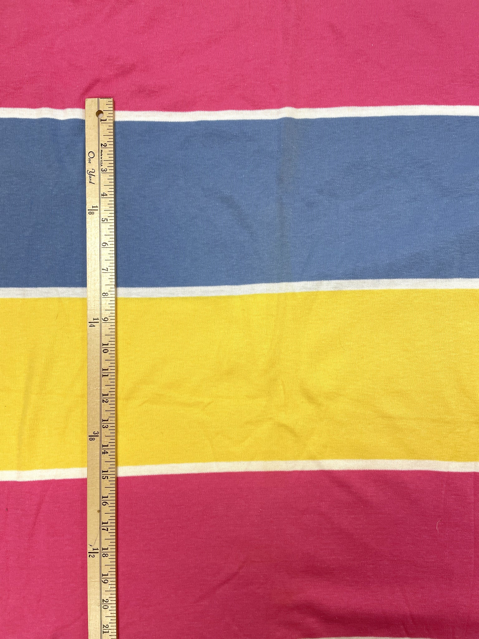 2 YD Polyester Knit Vintage- Pink, Blue and Yellow Wide Stripes