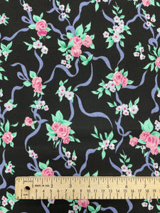 Cotton Blend Knit Vintage - Black with Periwinkle Ribbon and Pink Flowers