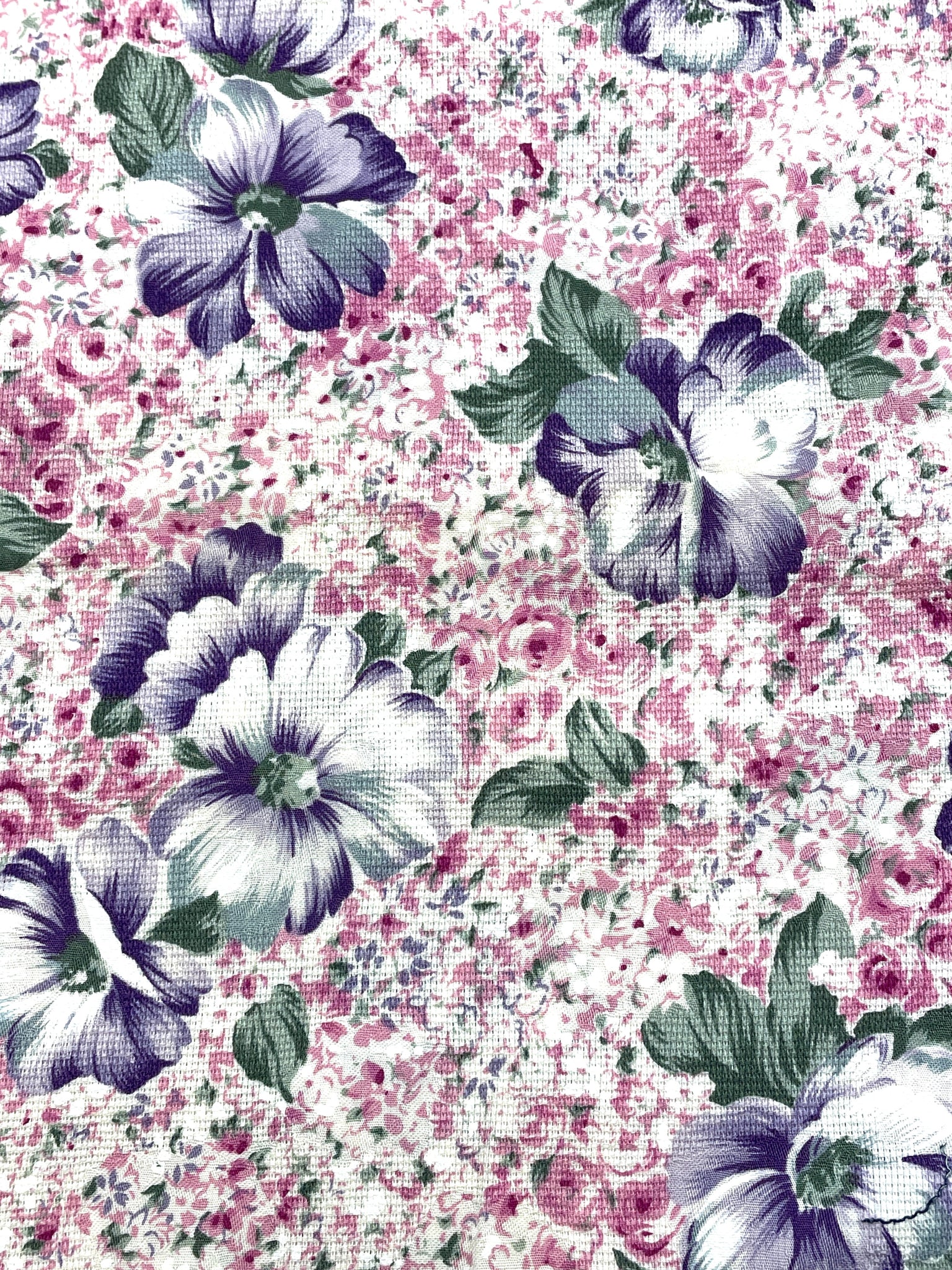 2 3/4 YD Cotton Loose Weave - White with Pink and Purple Flowers