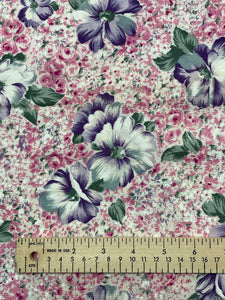 2 3/4 YD Cotton Loose Weave - White with Pink and Purple Flowers