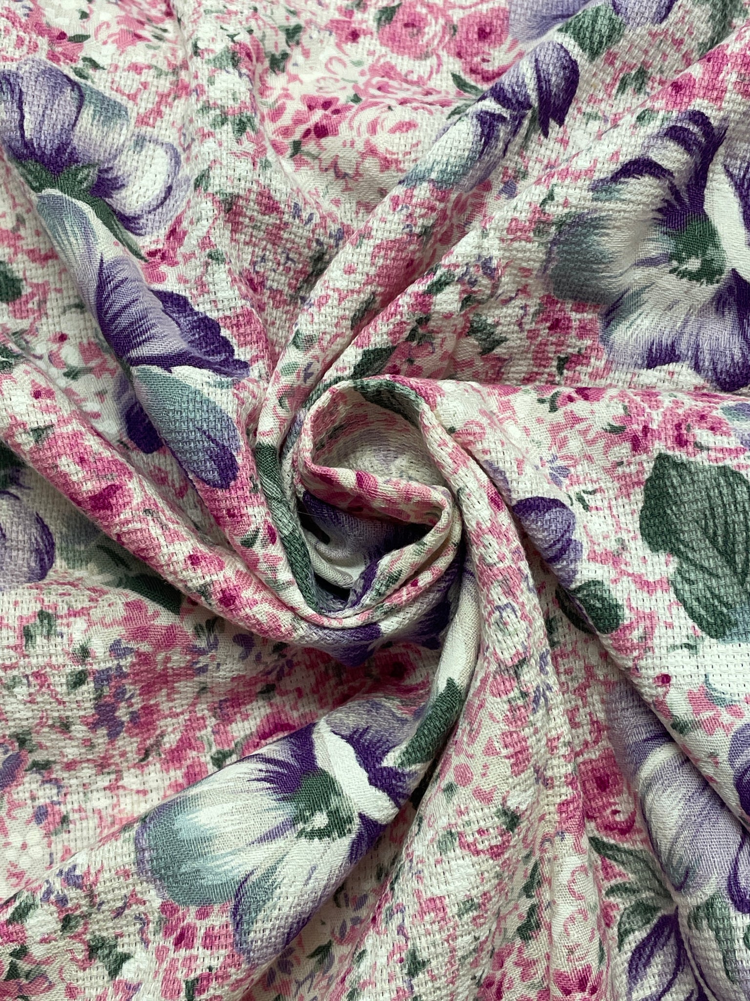 2 3/4 YD Cotton Loose Weave - White with Pink and Purple Flowers