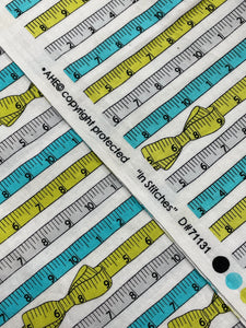 1 1/2 YD Quilting Cotton - White with Green, Turquoise and Gray Tape Measures