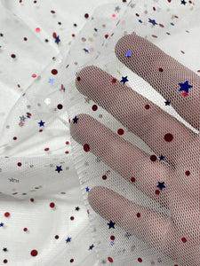 1 1/2 YD Nylon Tulle - White with Metallic Polka Dots and Stars