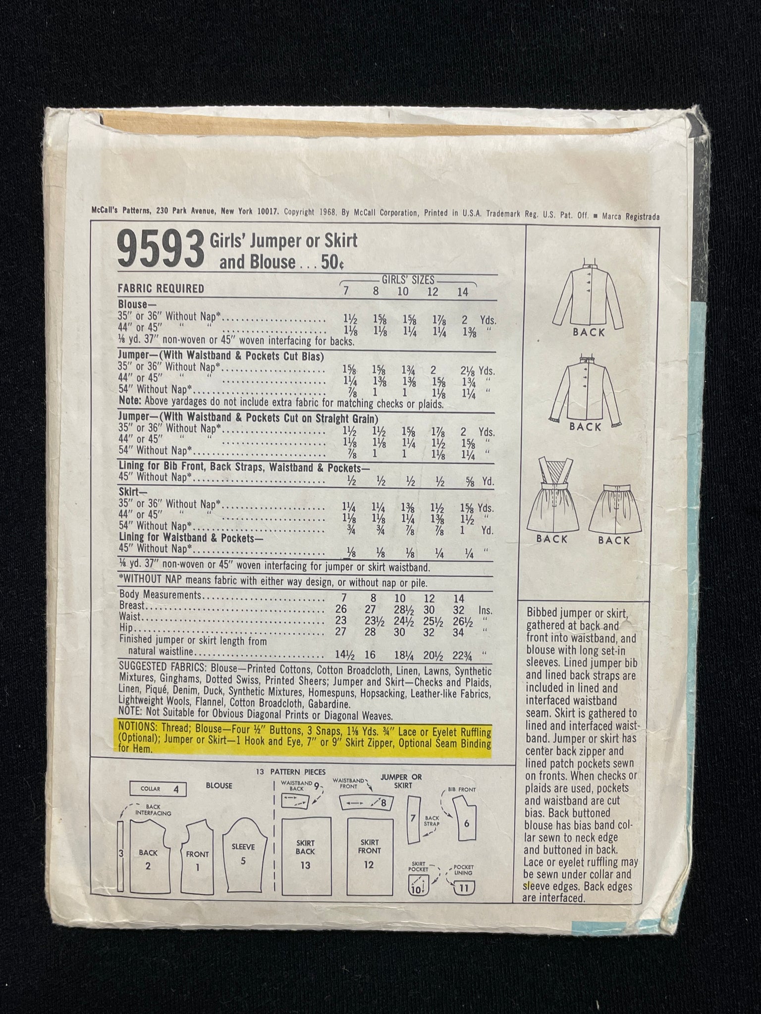 1968 McCall's 9593 Pattern - Jumper, Skirt and Blouse