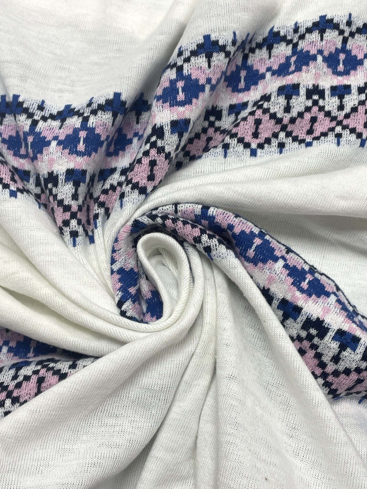 3/4 YD Cotton Blend Knit Vintage Remnant- White with Pink, Blue and Black