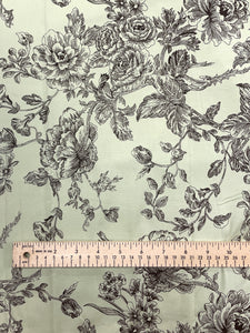 2 1/8+ YD Quilting Cotton - Mint Green with Dark Brown Drawn Flowers