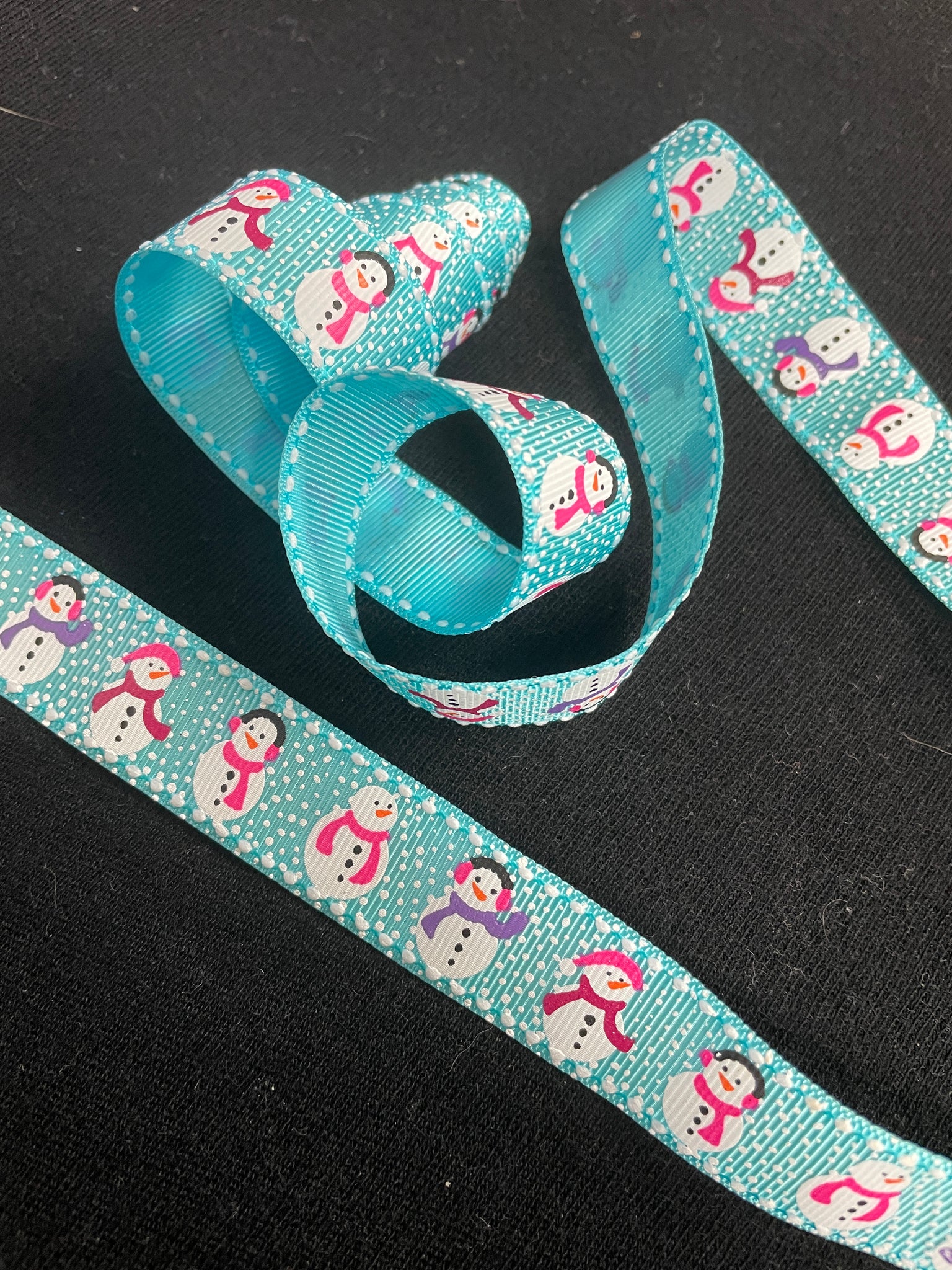 2+ YD Polyester Grosgrain Ribbon Printed -Turquoise with Snowmen