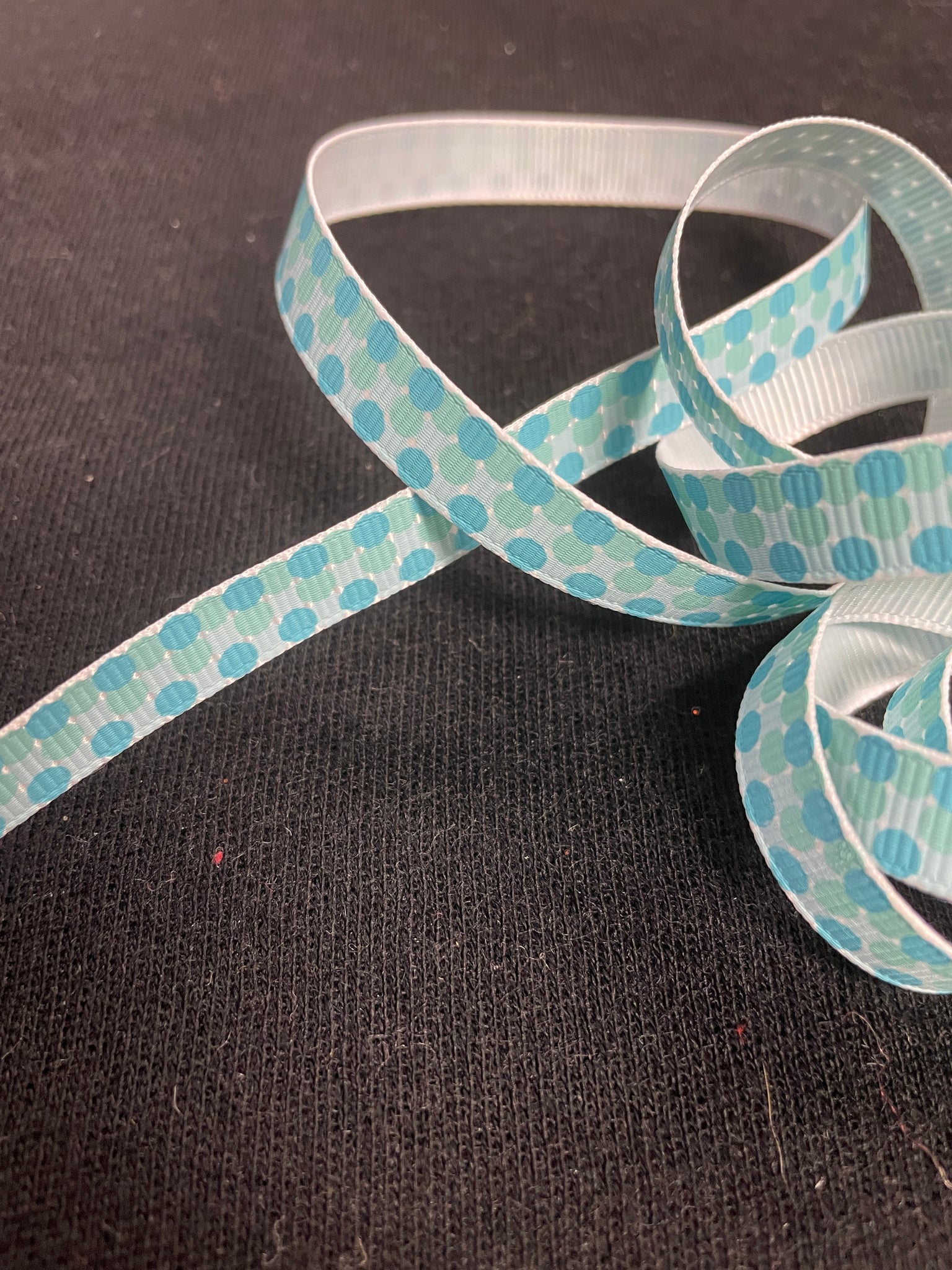 2 YD Polyester Grosgrain Ribbon Printed - White with Aqua Polka Dots