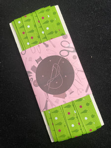 6 1/4 YD Polyester Grosgrain Ribbon Printed - Bright Green with Green Christmas Trees and Polka Dots