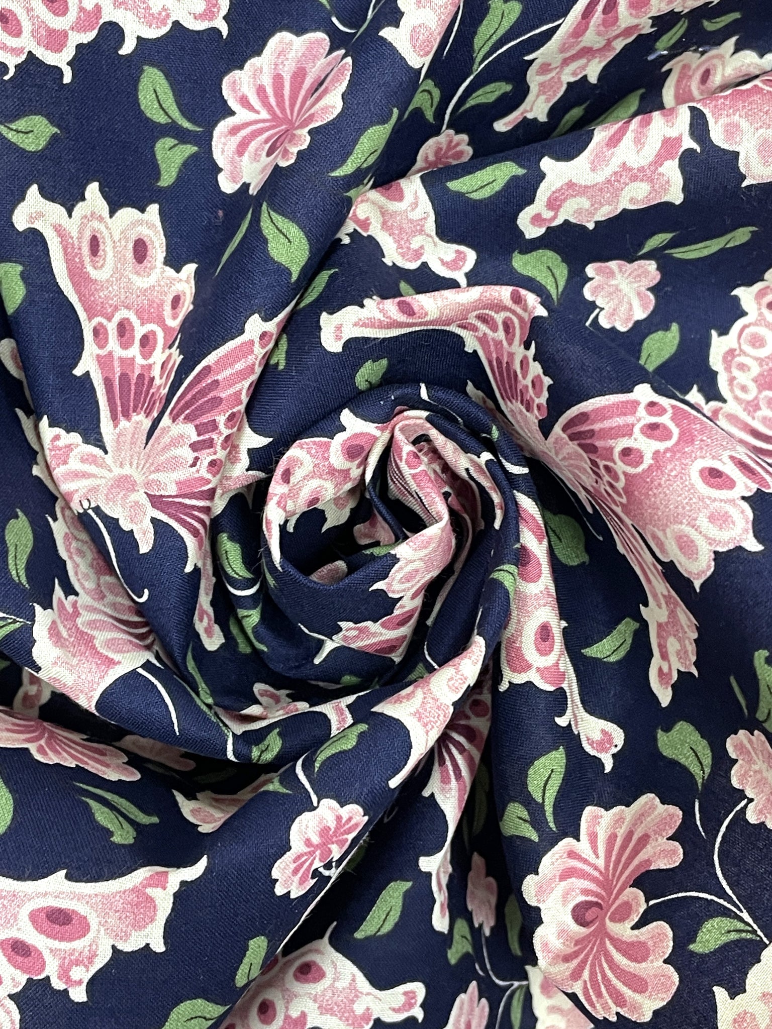 2000 Quilting Cotton Vintage - Navy Blue with Pink Butterflies